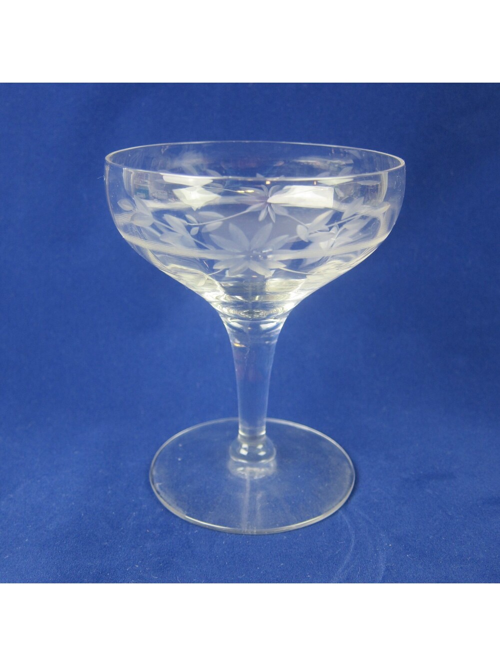 Vintage Etched Glass Champagne Coupe Cocktail Sherbet Glass Floral MCM Clear